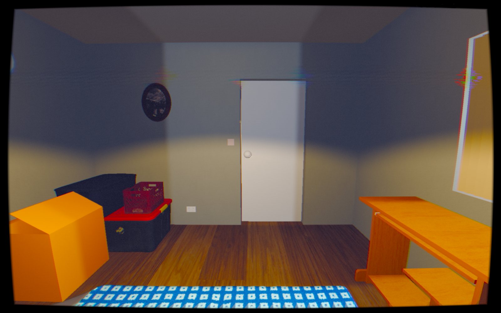 A child's bedroom: boxes, a low bed, a door left open