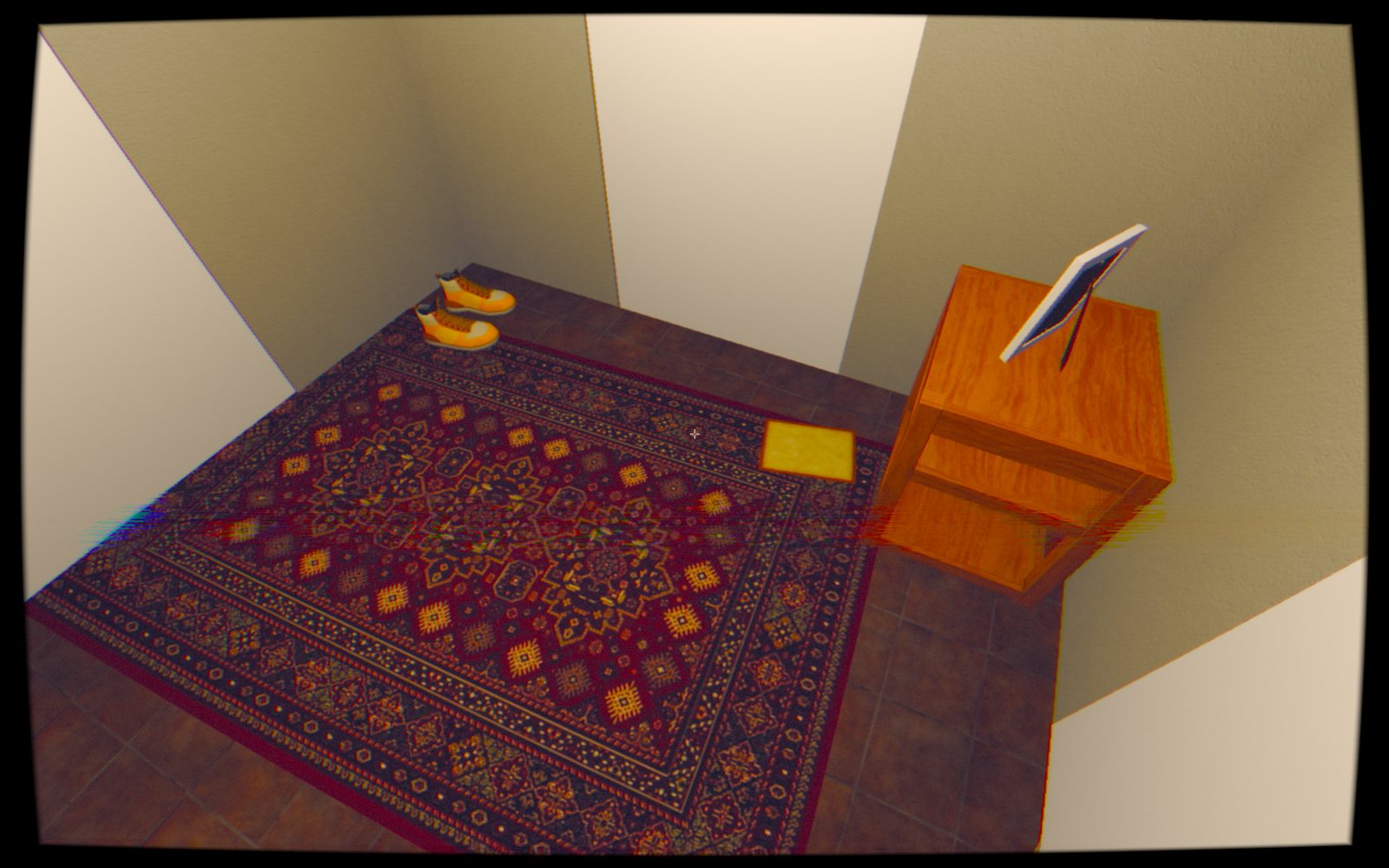 A hallway floor with a rug, a pair of shoes and a letter lying on the tiles