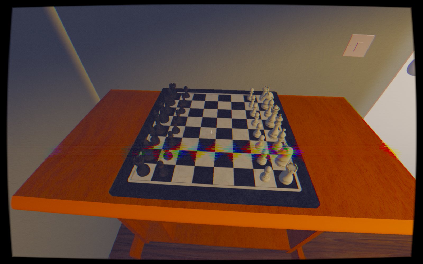 A chess board set up on a table